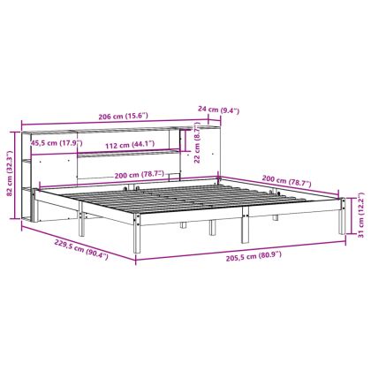 Легло с етажерка за книги, без матрак, 200x200 см, бор масив
