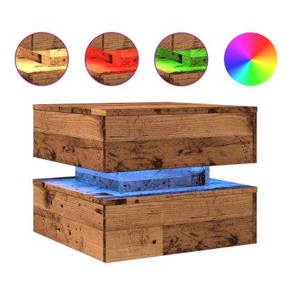 Маса за кафе с LED осветление, старо дърво, 50x50x40 см