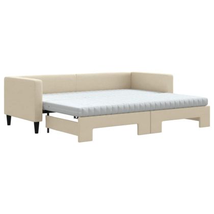 Канапе с изтеглящо легло и матрак кремаво 80x200 см плат