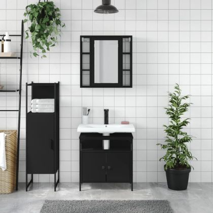 Комплект шкафове за баня от 3 части, черен, инженерно дърво