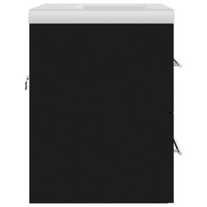 Шкаф за мивка с вградена мивка, черен, инженерно дърво