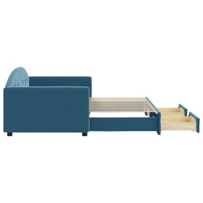 Канапе с изтеглящо легло и чекмеджета синьо 90x200 см кадифе