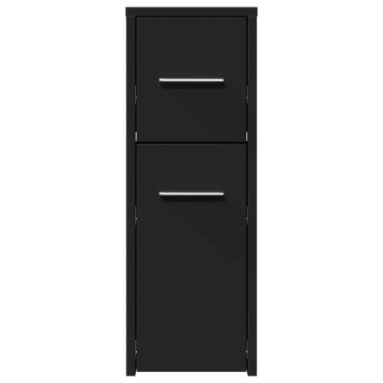 Тесен скрин за баня с колелца, черен, инженерно дърво