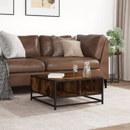 Кафе маса, опушен дъб, 60,5x60,5x30 см, инженерно дърво и метал