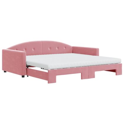 Канапе с изтеглящо легло и матраци розово 100x200 см кадифе