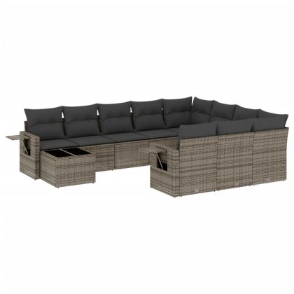 Градински комплект диван с възглавници 11 части сив полиратан