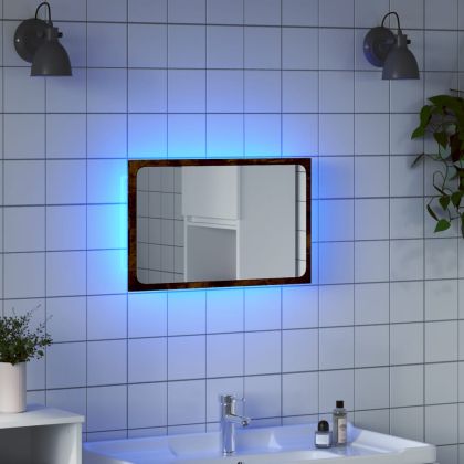 LED огледало за баня, опушен дъб, 60x8,5x38 см, инженерно дърво