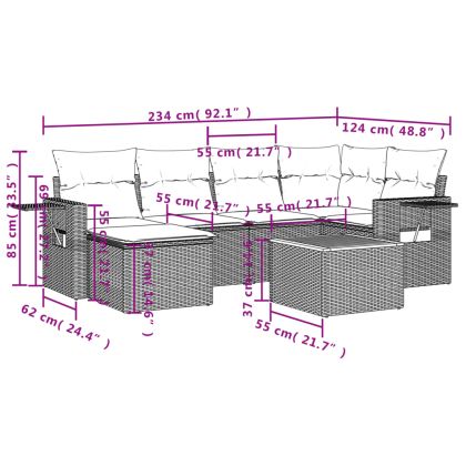 Градински диван с възглавници, 7 части, бежов полиратан