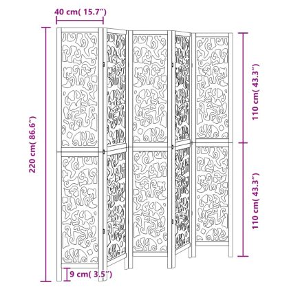 Разделител за стая, 5 панела, черен, дърво пауловния масив