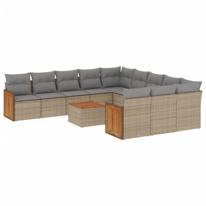 Градински диван с възглавници, 12 части, бежов полиратан