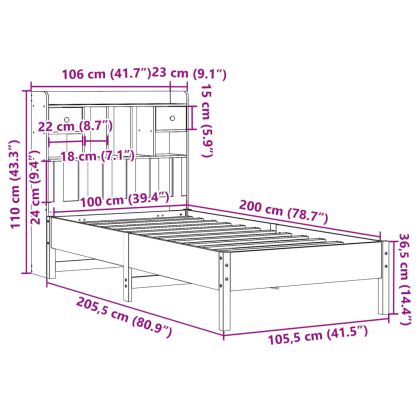 Легло с етажерка за книги, без матрак, 100x200 см, бор масив