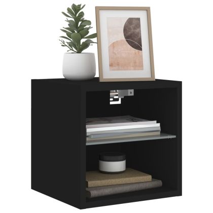 Стенен ТВ шкаф с LED осветление, черен, 30x28,5x30 см