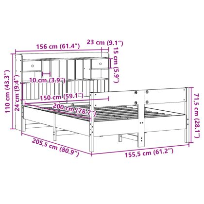 Легло с етажерка за книги, без матрак, 150x200 см, бор масив