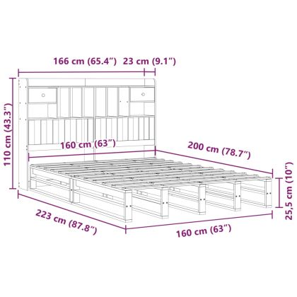 Легло с етажерка за книги, без матрак, 160x200 см, бор масив