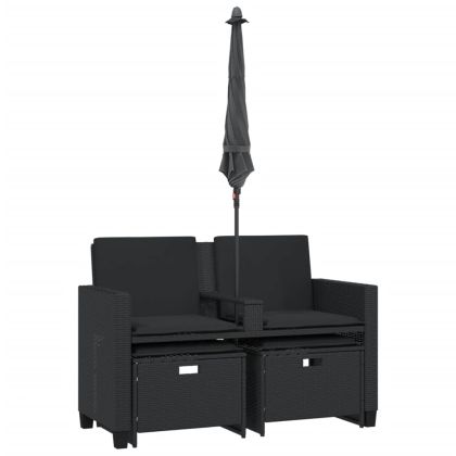 2-местен градински диван с чадър и табуретки черен полиратан
