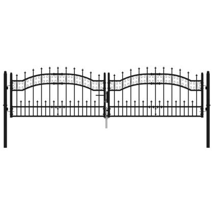 Оградна порта с капак тип „копие“, черна, 305x75 см, прахово боядисана стомана