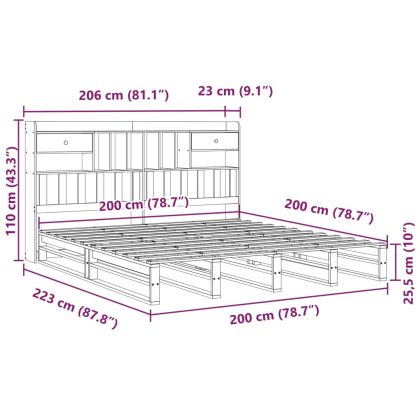 Легло с етажерка за книги, без матрак, 200x200 см, бор масив