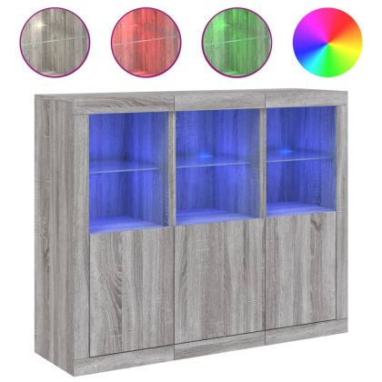 Сайдборди с LED осветление, 3 бр, сив сонома, инженерно дърво