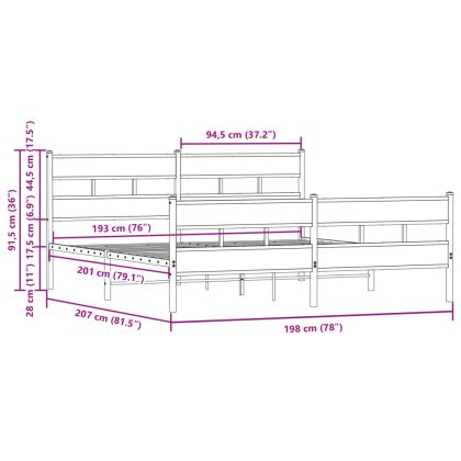 Метална рамка за легло, без матрак, кафяв дъб, 193x203 см
