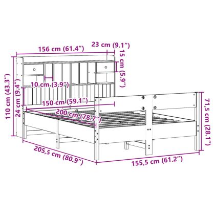 Легло с етажерка за книги, без матрак, 150x200 см, бор масив