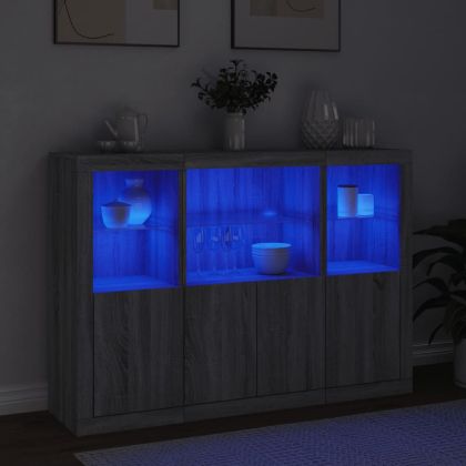 Сайдборди с LED осветление, 3 бр, сив сонома, инженерно дърво