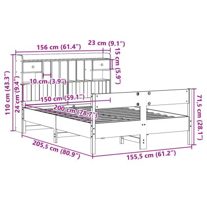 Легло с етажерка за книги, без матрак, 150x200 см, бор масив
