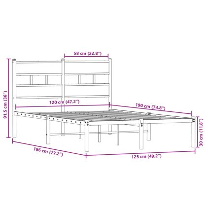 Метална рамка за легло, без матрак, дъб сонома, 120x190 см