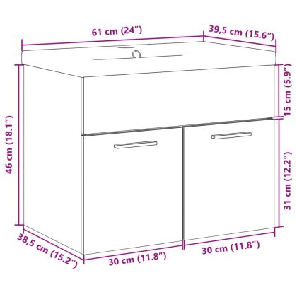 Шкаф за мивка за баня с вградена мивка, сонома дъб