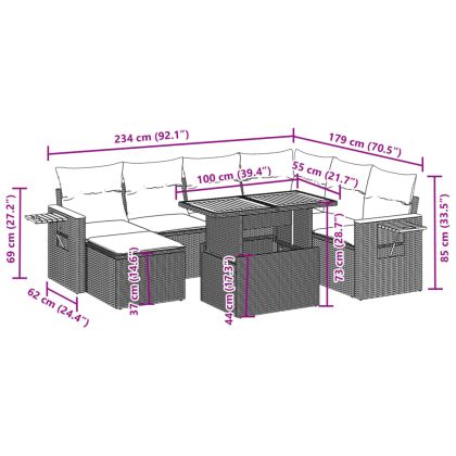 Градински диван с възглавници, 8 части, бежов полиратан