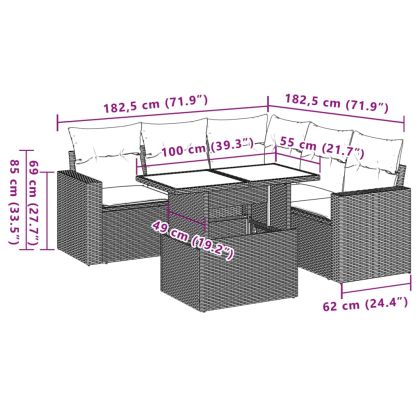 Градински диван с възглавници, 6 части, бежов полиратан