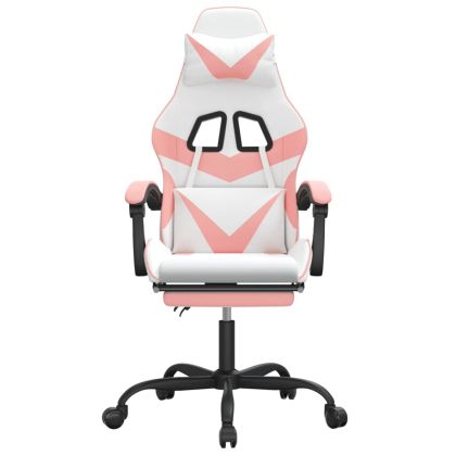 Гейминг стол с опора за крака, Бял и Розов, изкуствена кожа