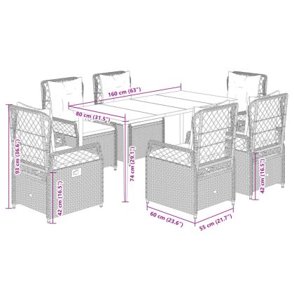 Градински трапезен комплект 7 части възглавници черен полиратан