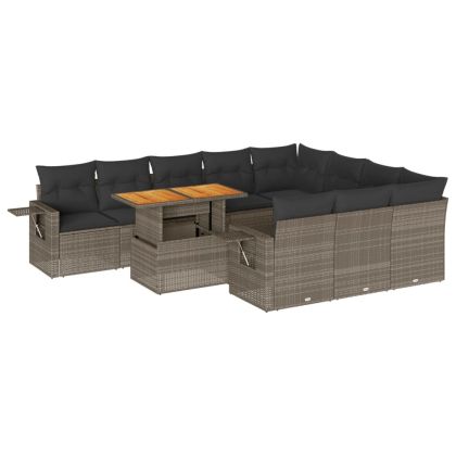 Градински комплект диван с възглавници 11 части сив полиратан