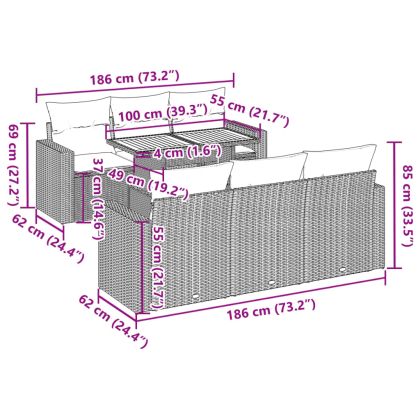 Градински комплект диван с възглавници 7 части черен полиратан