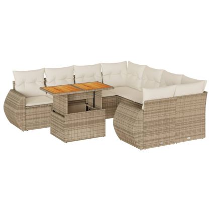 Градински комплект диван с възглавници 9 части бежов полиратан