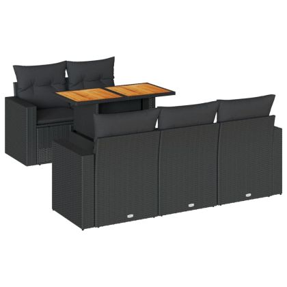 Градински диван с възглавници, 6 части, черен, полиратан