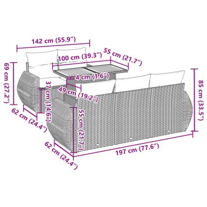 Градински диван с възглавници, 6 части, бежов полиратан