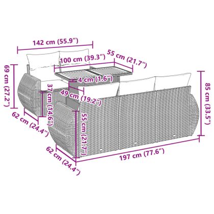 Градински диван с възглавници, 6 части, полиратан, сив