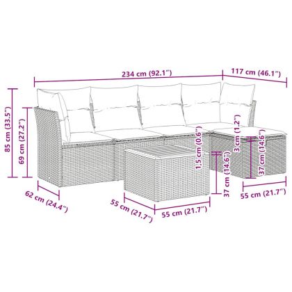 Градински диван с възглавници, 6 части, бежов полиратан