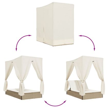 Двоен шезлонг с покрив и завеси бежов полиратан