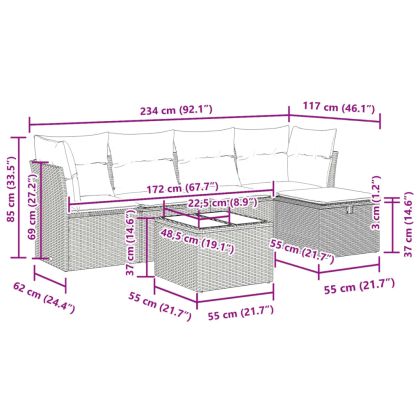 Градински диван с възглавници, 6 части, черен, полиратан