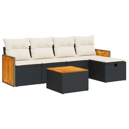 Градински диван с възглавници, 6 части, черен, полиратан