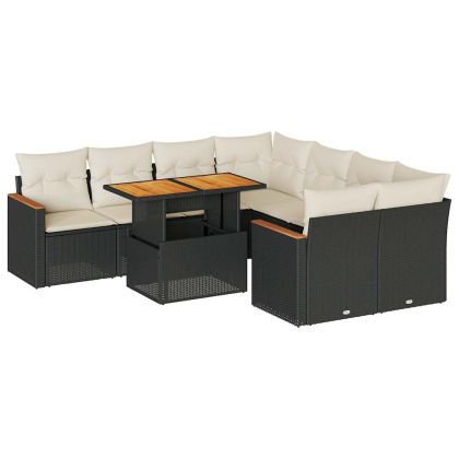 Градински комплект диван с възглавници 9 части черен полиратан