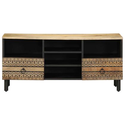ТВ шкаф, черен, 100x33,5x46 см, грубо мангово дърво масив