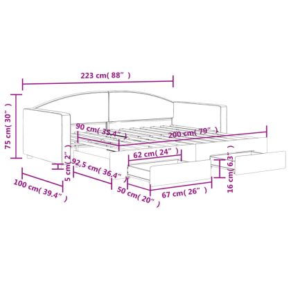 Дневно легло с уширение и чекмеджета, без матрак, 90x200 см