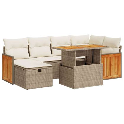 Градински диван с възглавници, 8 части, бежов полиратан