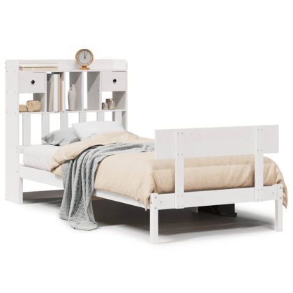Легло с рафтове за книги, без матрак, бял, 75x190 см, бор масив