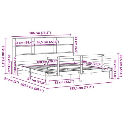Легло с етажерка за книги, без матрак, 180x200 см, бор масив