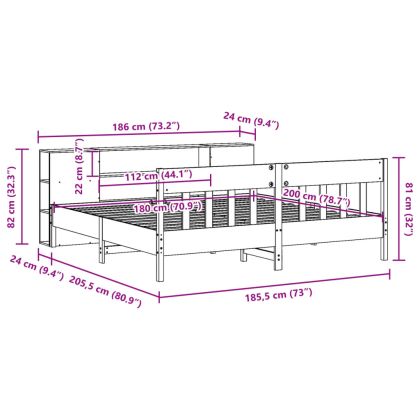 Легло с етажерка за книги, без матрак, 180x200 см, бор масив