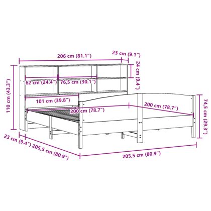 Легло с етажерка за книги, без матрак, 200x200 см, бор масив